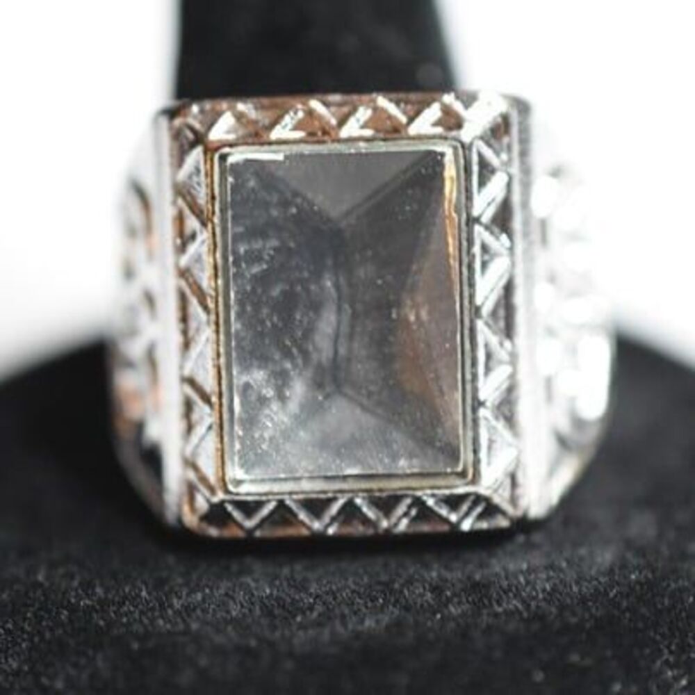 Beveled Mirrored Glass Engraved Silver Tone Size 9 Statement Glam Unisex Ring